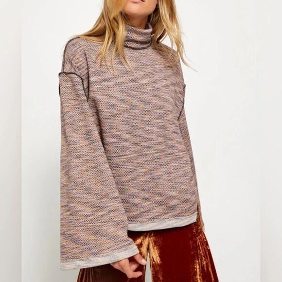 FREE PEOPLE Sunny Days Flared Sleeve Turtleneck Sweater Autumn Pearl Combo SMALL - Picture 1 of 12